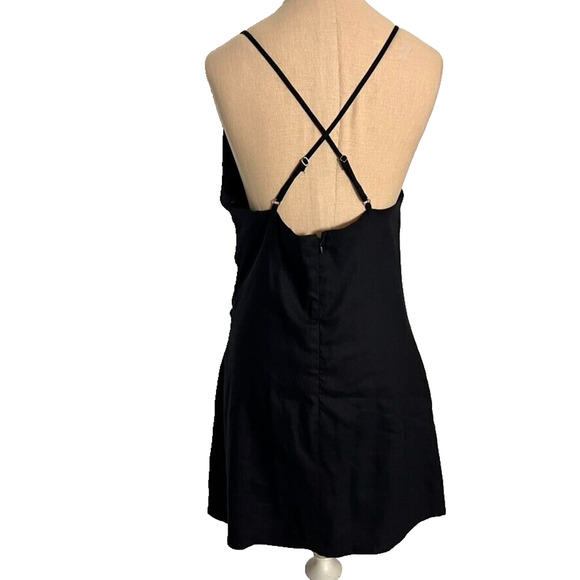 Forever Dress Womens Large Black Draped Linen Blend Black Mini Strappy Ruched - Picture 3 of 11
